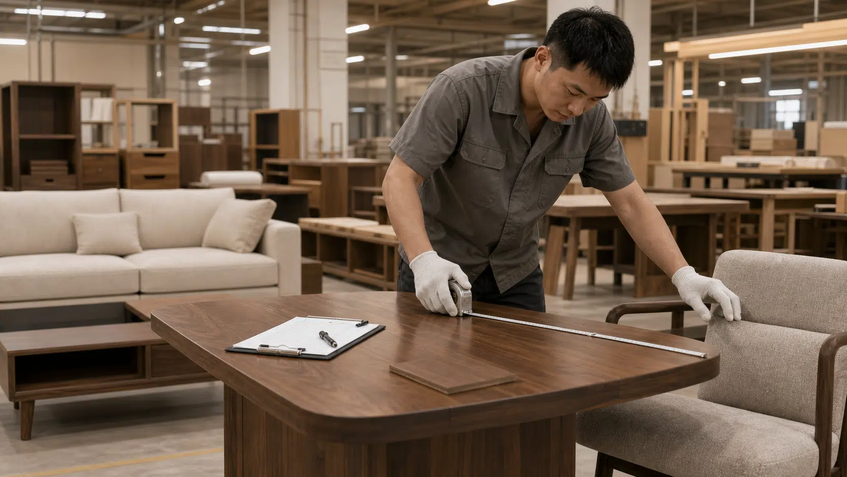 Furniture quality control inspection in workshop